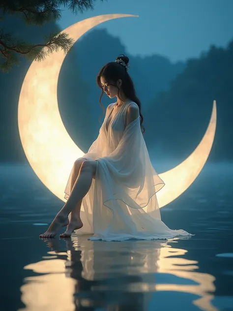 masterpiece, best quality, good quality, very aesthetic, absurdres, newest, 1girl, age 20. 44dd round natural perky breasts, hanfu,see-through,
Sitting on the glowing crescent moon, the tranquil lake, reflections, and toes lightly touching the water.