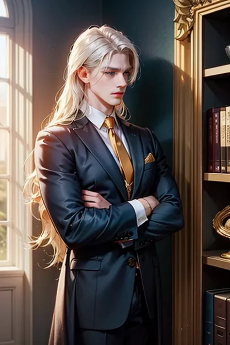 Man, peach skin, bright blue eyes like diamonds, long white hair smooth and soft and detailed, semi-realistic anime style, with golden hour effect with light reflections coming from the window on the skin, serene and serious expression, Drop shadow, Diffra...