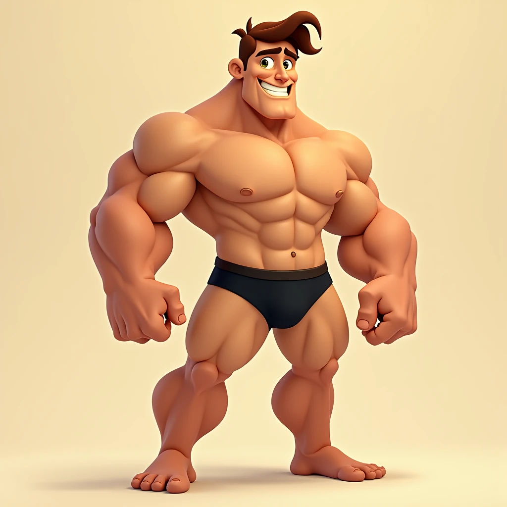 strong man, fair skin, golden eyes, brown hair, entire body, dressed with black underpants, beige background, disney animation style