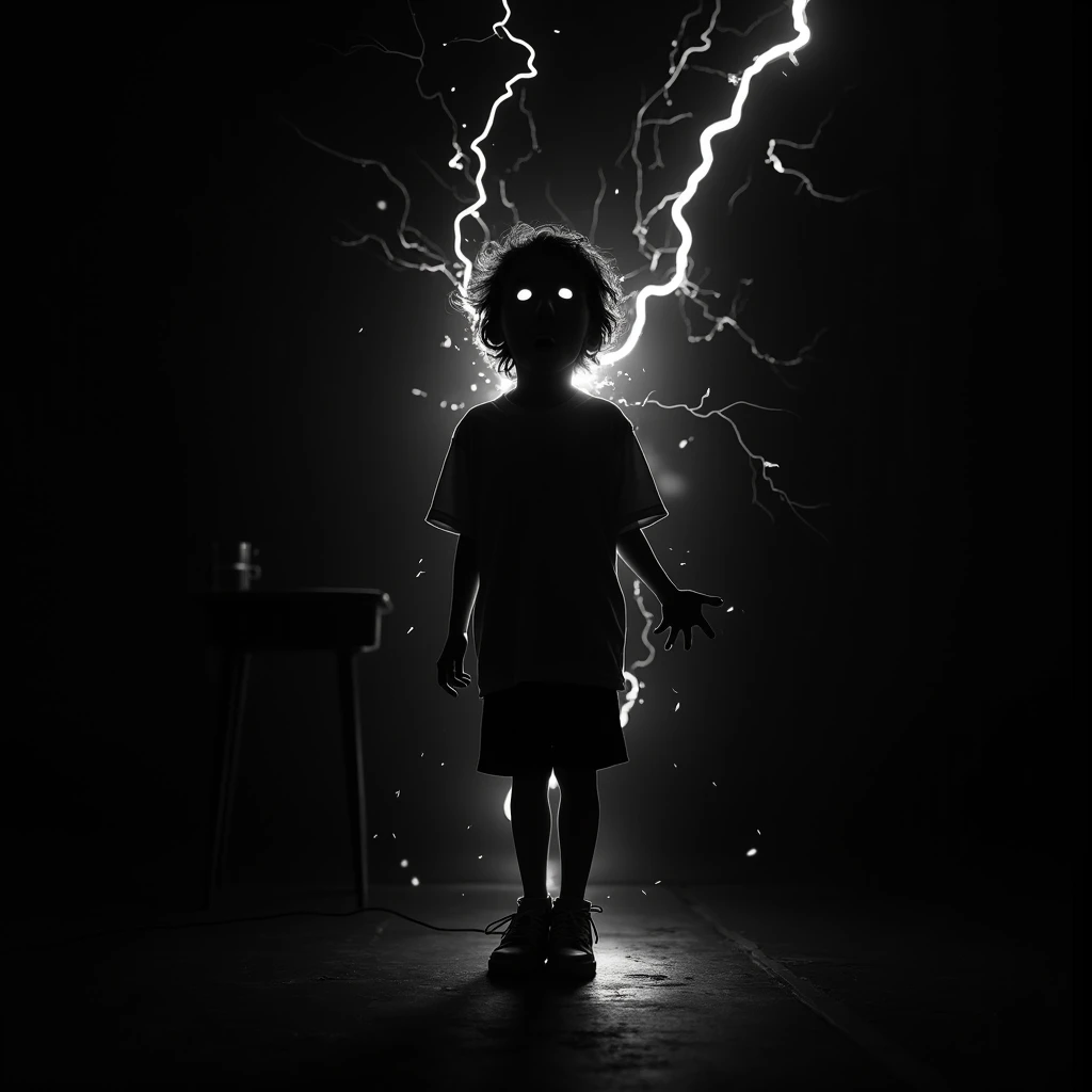 A pure black background generates a black and white silhouette. A  Taiwanese boy accidentally touched the electricity from the socket at school and was shocked.