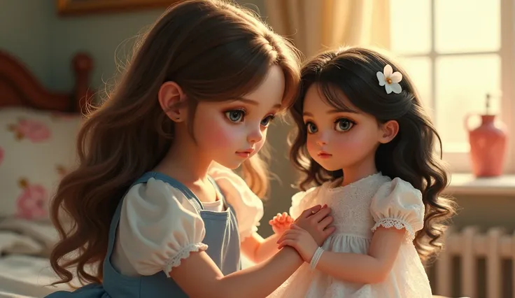 Do a  girl in a white and blue dress with brown hair with brown eyes , playing with a doll wearing a white lace dress and detailed details with wavy black hair and blue eyes looking real