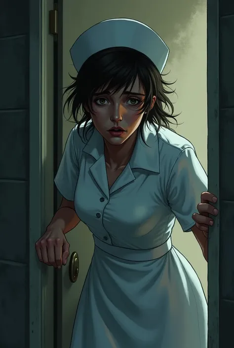 a frightened nurse turning the door knob outside her house without a hat on her head