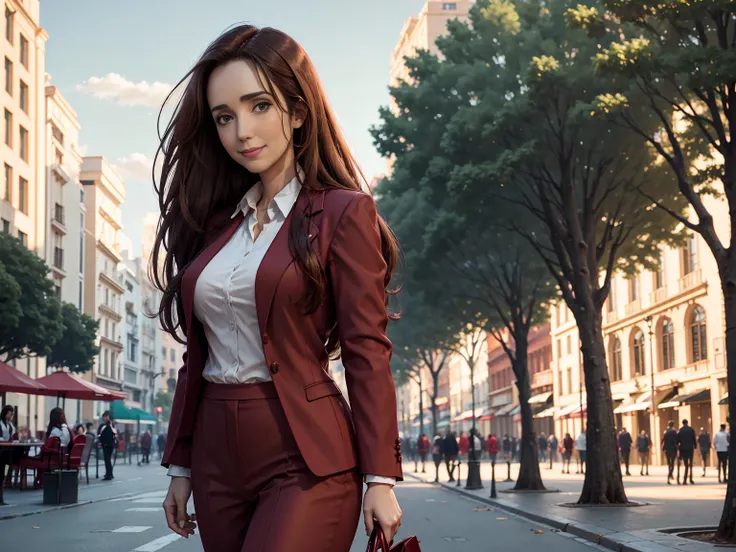 8K,  better quality,  Victoria Villarruel dressed in a scarlet red suit as a lawyer,  detailed face , smooth face,  long dark brown hair, slender with wide hips ,  warm smiling expression . outdoors,  plaza with green trees in the city of Buenos Aires,  cl...