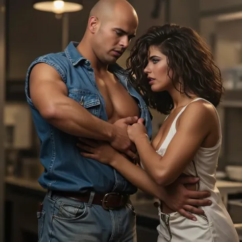 Candid photograph of a scene in a movie, where a balding man wearing a denim shirt with rolled up sleeves and jeans is putting handcuffs on the arms of a gorgeous Italian woman, upturned nose, looking scared, indirect gaze, dressed in a high closure white ...