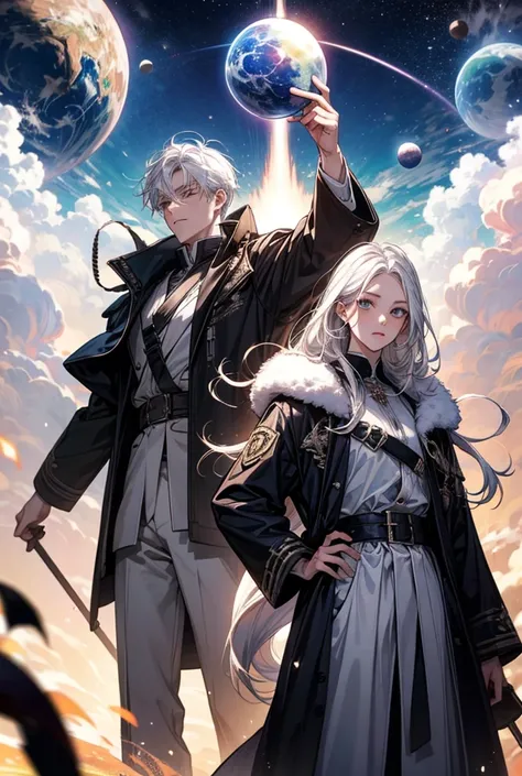 a white-haired guy with long stopper hair stands against the sky that shows Planet Z