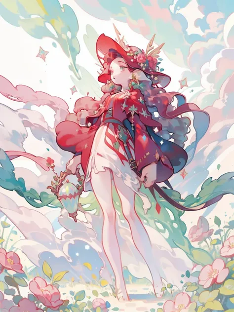 imagine prompt:  Beautiful Thurnight ,  The Wizard of Esper Fairy, Green long hair,  Shining Red Jewel Eyes ,  slender body , Red Jewel on the Chest ,  Fluffy White Dress ,  Using Magic in the Flower Garden ,  soft-focus ,  pastel colors,  Watercolor Paint...