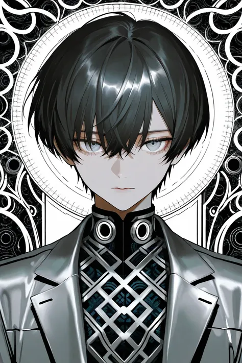 Stylish anime portrait, young man, short dark hair, light-gray eyes, sophisticated dark-colored outfit, intricate metallic geometric patterns, high-detail painterly style, metallic silver and gray coat with intricate design elements, refined and supernatur...