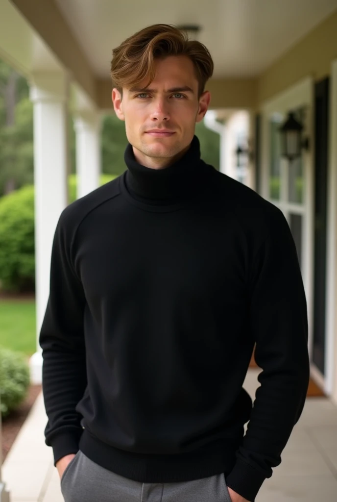    A man with a youthful and attractive appearance   .    her hair is light brown   ,    pants with a casual and slightly wavy style  .    He has a confident and relaxed expression     .   He wears a black turtleneck sweater and dress pants,  that gives it...