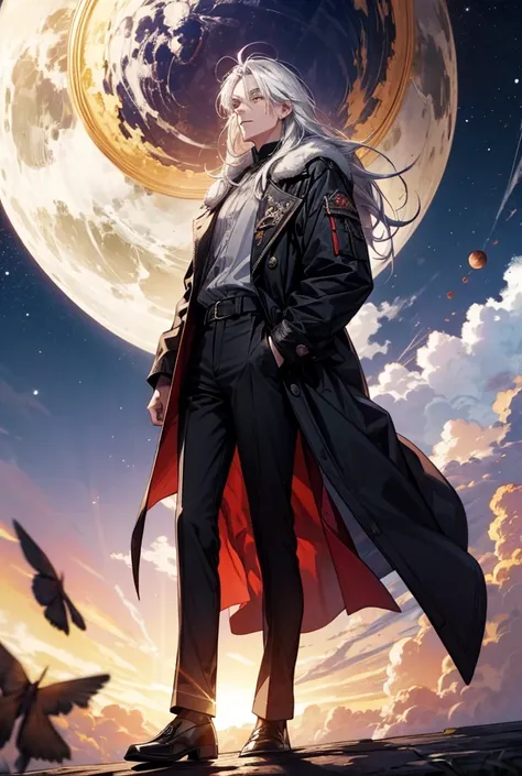 a white-haired guy with long stopper hair stands against the sky that shows Planet Z