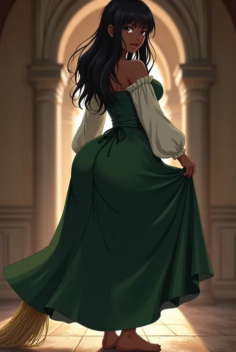 Black woman from anime. Dark black brown skin .  Long messy smooth hair with the fringe hitting the forehead . beautiful and defined body. Big and firm breasts and butt .  Medieval European peasant dress and caipira in dark green color .  The atmosphere ta...