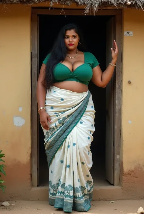 Indian extreme plus size BBW big chubby fat busty dark skinned wide woman with dusty face with large breast and large fat curvey figure and wide shoulder and long hair and wearing green deep neck tight fitting blouse with displaying cleavage and display na...