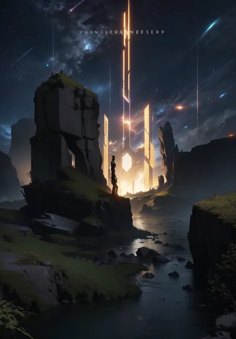 A picture of a man standing on a cliff taken from a video game,  Mysterious Sci-fi Concept Art , 8k concept art, 8k concept art, Concept Art 8k, Unreal Engine renders concept art,  Unreal Engine digital painting , Concept Art 8k resolution, Destiny concept...