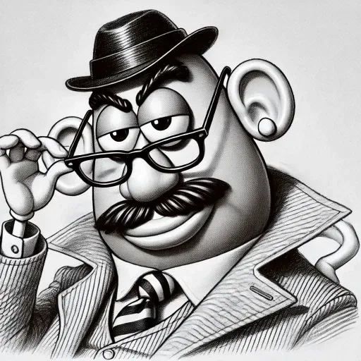 Mr. Potatohead, suave, brave, bold, confident, elegant, exquisite, stylish, Mr. Potatohead looking over the top of his glasses with a smug grin, arrogant, disdainful, mocking, assured, confident, hand drawn pencil and ink, perfect mastercraft nuance, highl...