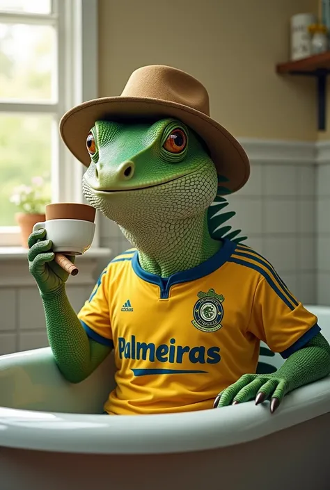 A calango wearing a hat and Palmeiras shirt in the bathtub smoking a cigar and drinking coffee