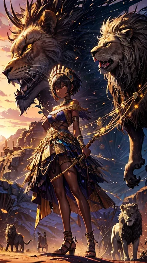 African goddess with dark black skin and very short hair, with a huge angry lion at her side, desert with a tree in the background, African environment