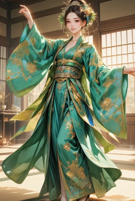 Visualize a serene Japanese tea room, where a beautiful Japanese woman gracefully dances, merging the traditional with the exotic. Her elegant moves reflect the calming precision and refinement of the tea ceremony, while she is adorned in an emerald and go...