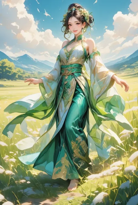 Imagine a scene enlivened by a gentle breeze, where a beautiful Japanese woman dances amidst the swaying susuki grasses. Her attire is a vibrant manifestation of Middle Eastern dance wear, with lush green and silver accents that catch and reflect the sunli...