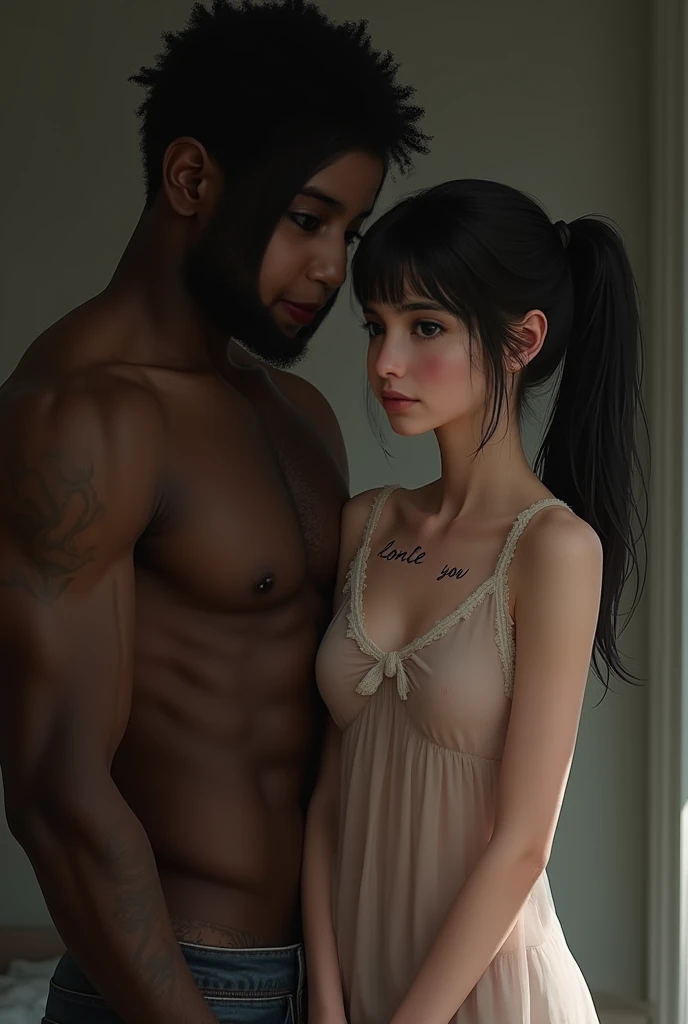 bed, girl in transparent nightgown, round face, petite, beautiful face, ponytail, sad expression, "lonte" word written on her breast, a muscular black man touching her