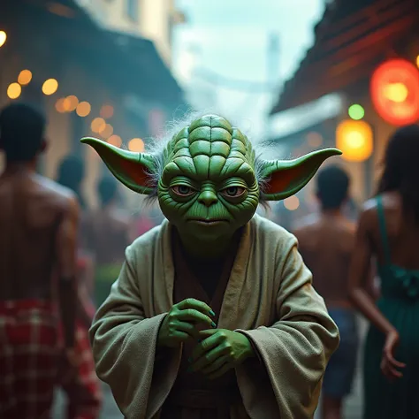 a Jedi master Yoda drinking beer at a funk dance party in a favela in Rio de Janeiro, detailed portrait, hyper realistic, cinematic lighting, vibrant colors, dynamic composition, 4k, (best quality,4k,8k,highres,masterpiece:1.2),ultra-detailed,(realistic,ph...