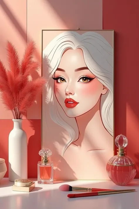 Write Case Of Beauty in bold 
Color Scheme: Mixed light red and white
Elements: Beauty products, including makeup brushes , perfumes and girl sketch 
Style: Luxurious, attractive, and simple professional design
Tone: Realistic and elegant, with a minimalis...