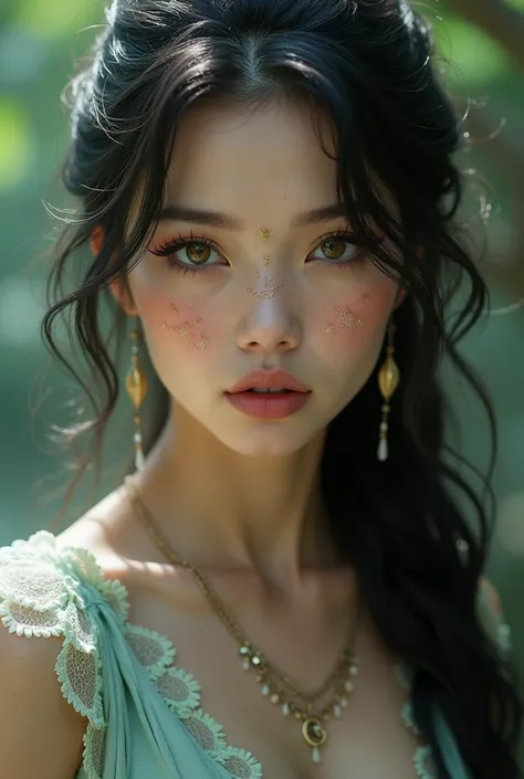 (photorealism:1.2), woman from magical realm, has a human appearance but is extremely beautiful because she has a touch of fae blood, looks innocent but appearances are deceiving