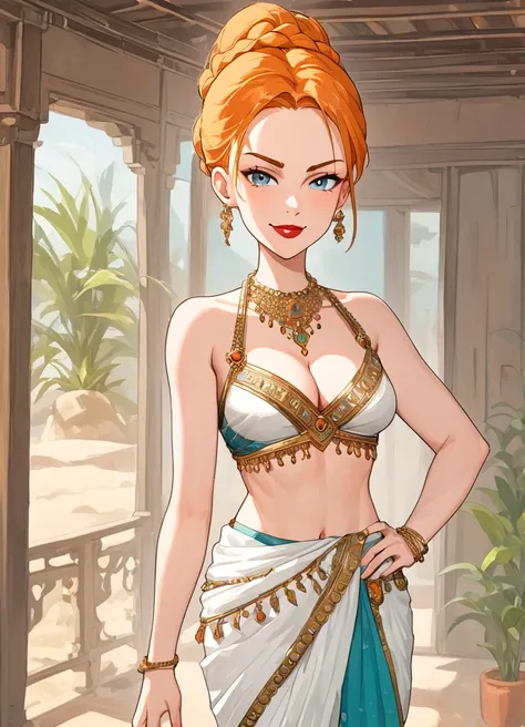 summer.smith, orange hair, 1girl, braid, bun,eyeshadow,lipstick,bindi, saree,smirk,score_9, score_8_up, score_7_up, score_6_up, score_5_up, score_4_up, looking at viewer,cleavage, posing seductively, cowboy shot, abs