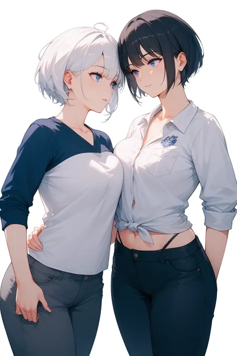 two girls (Not anime)  at school in front of entering the auditorium ,  alone with short white hair  (jaw-deep hair ),  the second is just a little lower , , also with white hair ,  but very short hair  (обычная российская школа и two girls). both are wear...