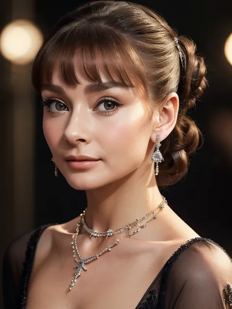 ((masterpiece、highest quality、Super detailed、High resolution、realistic、sharp focus、cinematic lighting))、((1 female、middle shot))、beautiful woman portrait 、Audrey Hepburn、model shooting style、beauty and elegance、black dress、earrings、necklace、Expressed with ...