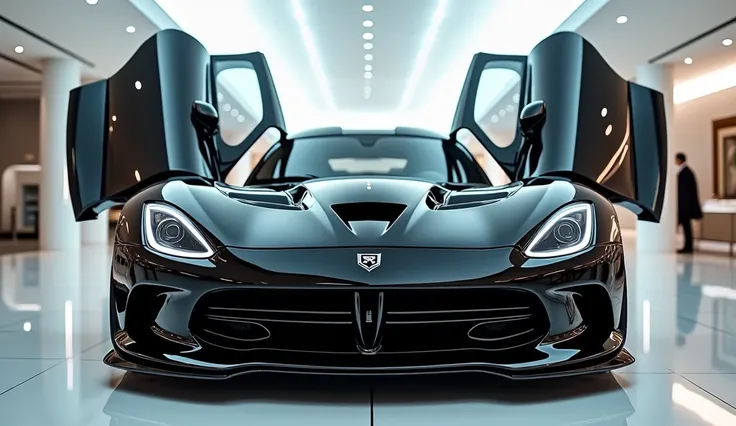 A luxurious, futuristic showroom with glossy white tiles and modern lighting. The main focus is a black Dodge Viper, highly polished with an intense shine, reflecting its surroundings. The cars design is a modified, futuristic 2026 concept, showcasing slee...