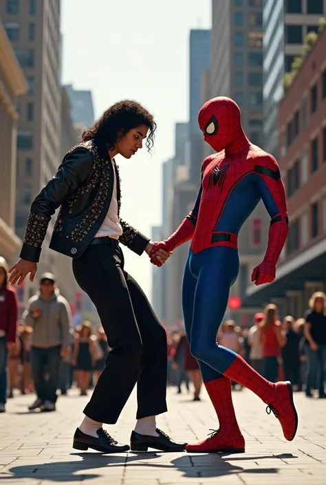 Michael Jackson and spider-man dance moon walk step in public place 