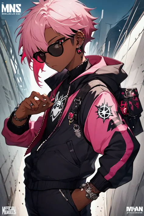 Black young man, punk clothes, cool sun glasses, punk hair, black hair, pink hair, piercings, tattoo, full color illustration, official artwork, official art, full art illustration, full color digital illustration, miles morales, epic full color illustrati...