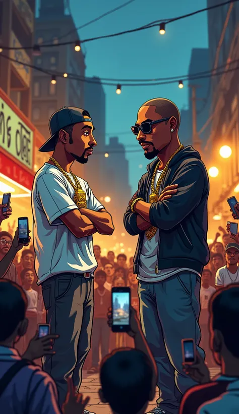  a cartoon of Tupac has a confident expression, wearing a rear-facing cap,  loose shirt and gold chains .  He crosses his arms as he faces Big Smoke ,  wearing a printed t-shirt ,  large jacket and dark glasses .  The surrounding crowd holds cellphones up ...