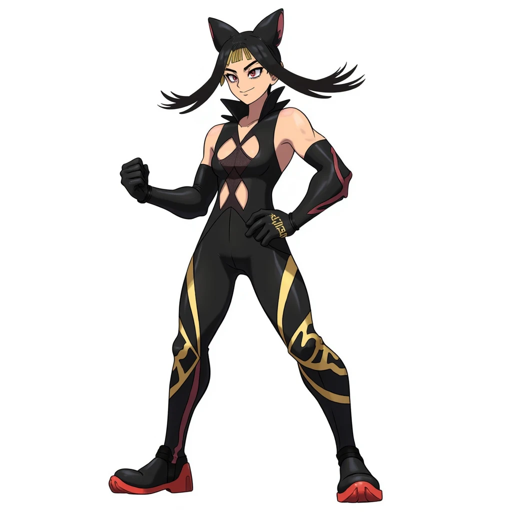 Pokemon Trainer: A fighting-type gym leader, 62", with Bayonettas proportions and Ivys regal posture. Sharp features with high cheekbones, cat-like eyes behind golden glasses, dark red lips in a wicked smirk. Hair in a towering twist with long ribbons that...