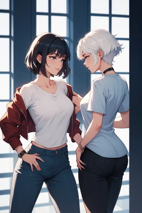 two girls (Not anime)  at school in front of entering the auditorium ,  alone with short white hair  (jaw-deep hair ),  the second is just a little lower , , also with white hair ,  but very short hair  (обычная российская школа и two girls). both are wear...