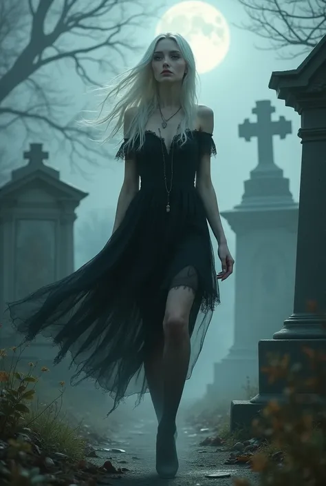  Beautiful girl.  long white hair.  Black torn dress.  black stockings. A walk through the cemetery . Night. moonlight. fog.