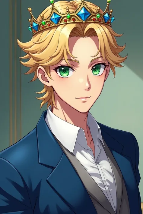  An anime-style prince ,rubio,camisa blanca,Above a blue suit , a crown with blue diamonds and green eyes