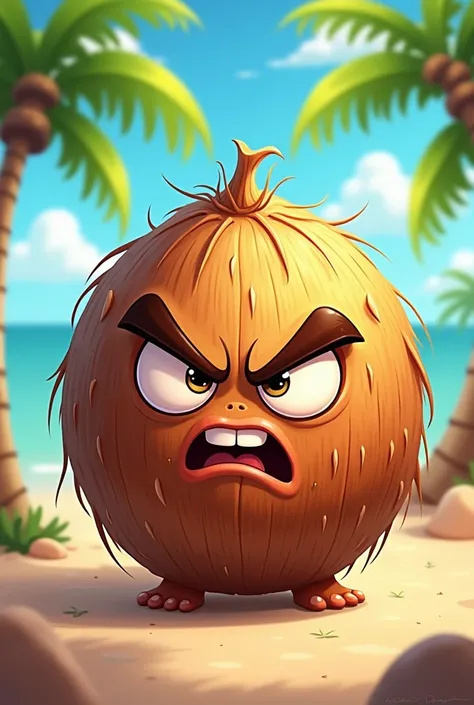 Draw an angry coconut in cute style