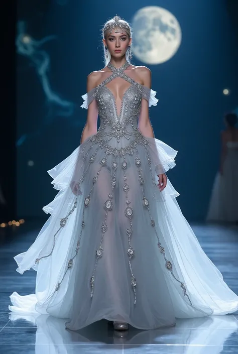 The Moon-inspired haute couture gown is an exquisite blend of celestial elegance and soft, radiant beauty. The bodice is crafted from lustrous silver satin, adorned with delicate lacework and iridescent beads that capture the Moon’s ethereal glow, with int...