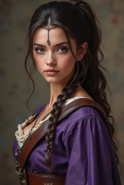 26-year-old woman with 1 .72 tall,  dark brown hair ,  with a ponytail hairstyle ,  two locks on her forehead ,  brown eyes,  who wears a warriors costume in purple colored leather and some daggers set in colonial times 