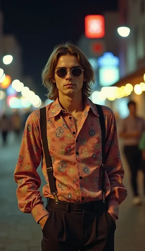   an old fashioned young man ,  slim long sleeve shirt with colorful floral print, wide collar ,  wide pants under  (cutbray ),  in sunglasses ,  shoulder length hair of Beatles model , funny face. looks full body to toe , camera shot from afar , night atm...