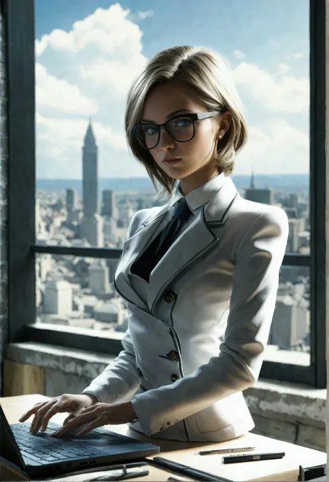 , Sophia would wear high-end, tailored clothing that showcases her power and confidence in the business world, but with a hint of sophistication.Setting: The sleek, modern office of Sophia Bennett’s tech company. The city skyline glows outside the windows....