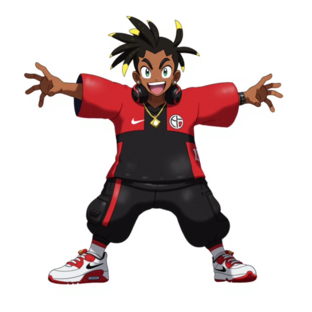 Pokemon Trainer: A dark-skinned energetic young trainer with medium-length black dreads styled upward and dyed blonde at the tips, wearing an oversized JB9 soccer jersey in red and black, baggy black cargo pants with red side stripes, white and red Nike Ai...