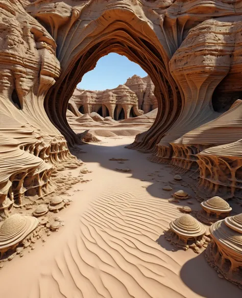 Desert sand with very structures mandelbulb connecting between their caves with bridge around of desert 