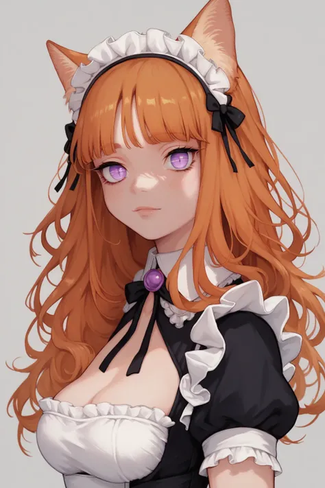 score_9, score_8_up, score_7_up, high resolution, 1girl, looking at viewer, beautiful face, detailed pupils, orange hair, long hair, fringed bangs, light purple eyes, breasts, orange cat ears, orange cat tail, maid outfit 