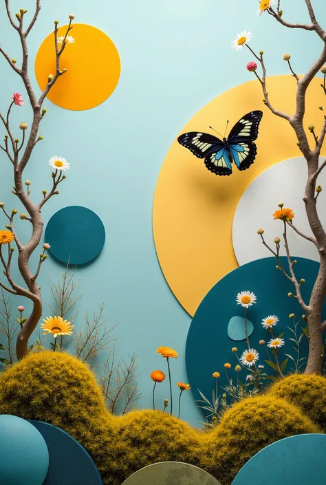 "Surreal artistic composition featuring a butterfly surrounded by a blend of vibrant and muted geometric circles, organic moss textures, and various plants. The scene combines elements of nature with abstract forms, including soft sky blue, soft  white, so...