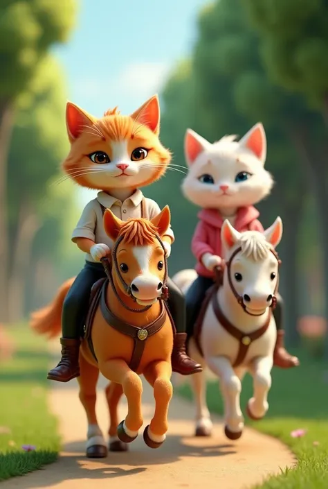 Generate a high quality 3D image:An orange cat wearing white shirt and black pant and doing enjoy of horse riding with white cat that wear pink jacket and black pant in rides park 