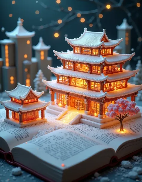 JQZX,This image is a highly detailed, CGI-rendered illustration of a fantastical scene within an open book. The scene depicts a serene, snow-covered courtyard with traditional Chinese architectural elements, showcasing a harmonious blend of modern and trad...