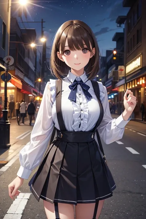 anegasaki nene、 shiny chestnut hair ,  short hair, ( Pretty Brown Eyes 、 sparkling eyes , Fine grain)、smile、 super detailed eyes、Highly detailed faces,  very detailed eyes,(masterpiece:1.3), cowboy shot, (Only one woman, Alone)、




 ( suspender skirt :1.4...