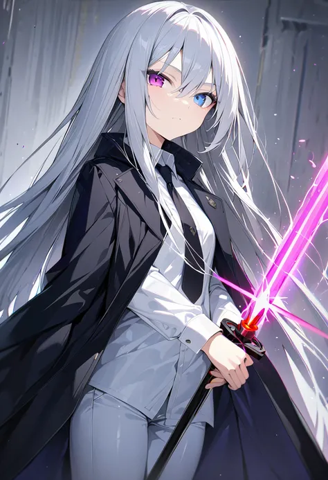 masterpiece, best quality, high resolution, solo, looking at viewer, girl, slim, silver hair, very long hair, straight hair, hair between eyes, clear face, heterochromia, dark purple eyes, blue eyes, small breasts, white shirt, open black long coat, pants,...