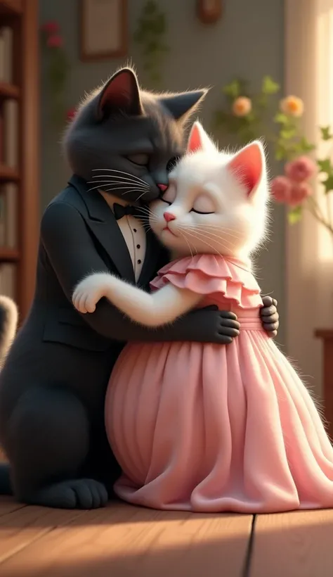 A white fur pregnant cat , wearing pink dress , big breasts , hug , a black fur male cat , wearing formals , cozy background 